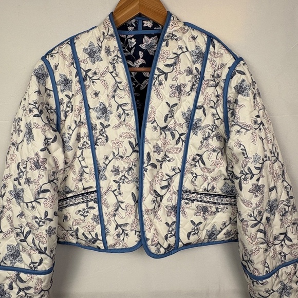 Women Quilted Cropped Reversible Open Front Jacket Sz M Cottagecore Country Boho - Picture 10 of 15